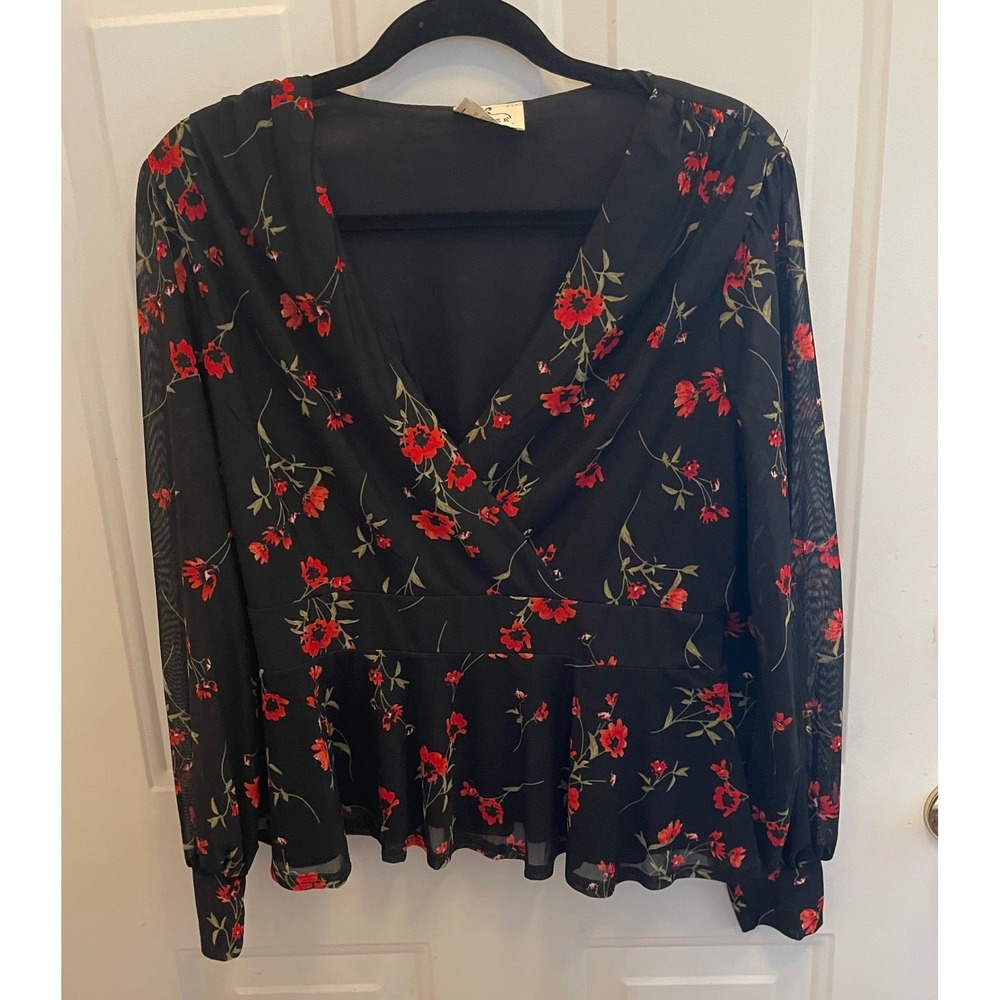 Ember Black Red Floral Peplum Blouse Sheer Top Women L Whimsigoth Career - Picture 2 of 8
